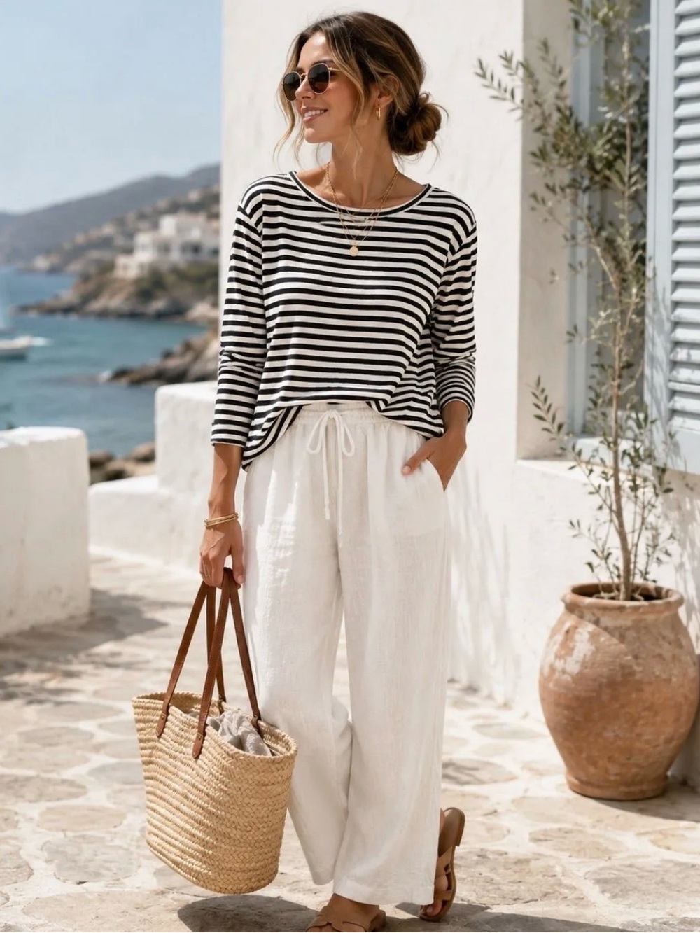 NIC+ZOE Striped black and cream long sleeve top Layering Minimalist